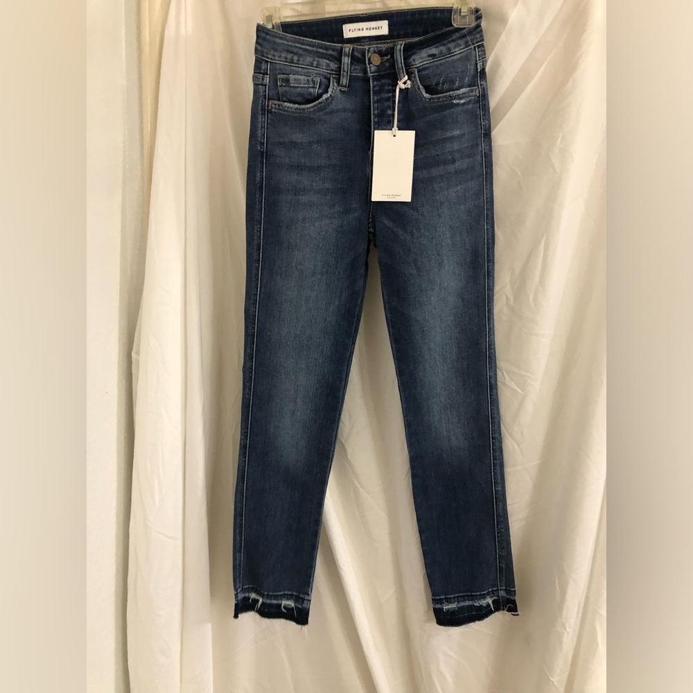 Flying Monkey dark wash Raw Released frayed Distressed Hem Jeans size 24 new